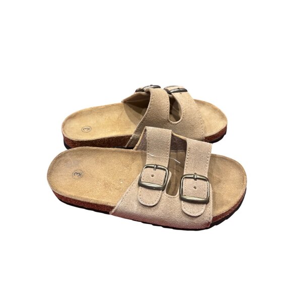 Tan Double Buckle Slide Sandals Faux Suede Upper Contoured Footbed Shoes Sz 3 - Picture 2 of 4